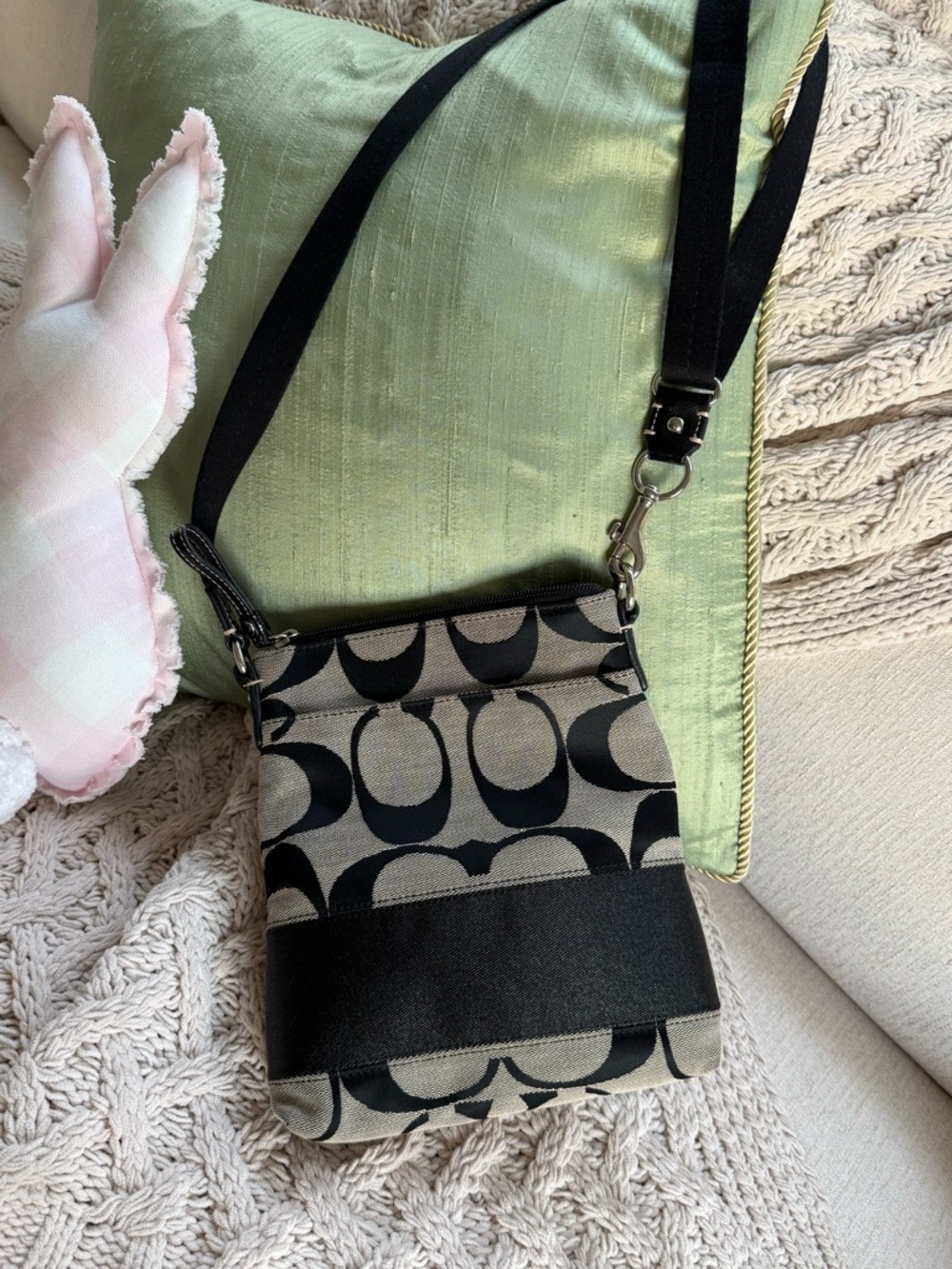 Coach Black and Beige Signature Crossbody with Adjustable Strap